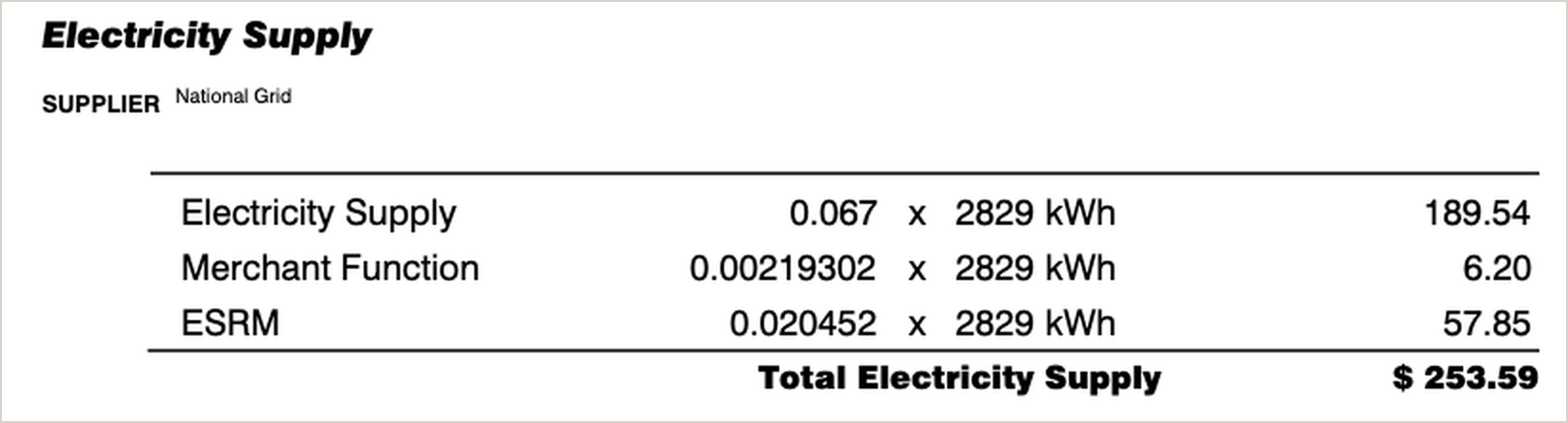 National Grid electricity supply charges showing supply rate, merchant function charge and ESRM