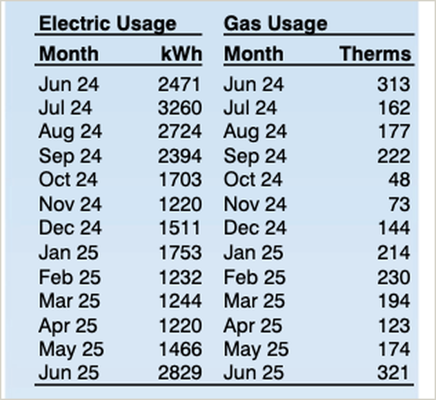 National Grid monthly usage table listing 13 months of electric and gas consumption
