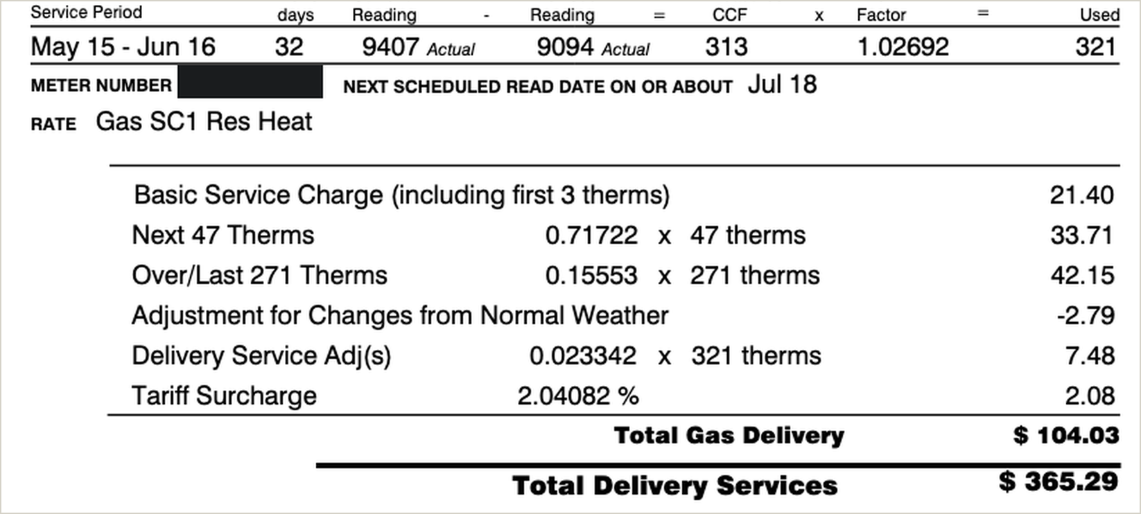 National Grid gas delivery charges showing basic service charge and tiered therm rates