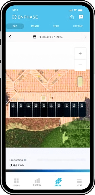 Enphase app Array tab showing panel-by-panel solar production on a roof layout