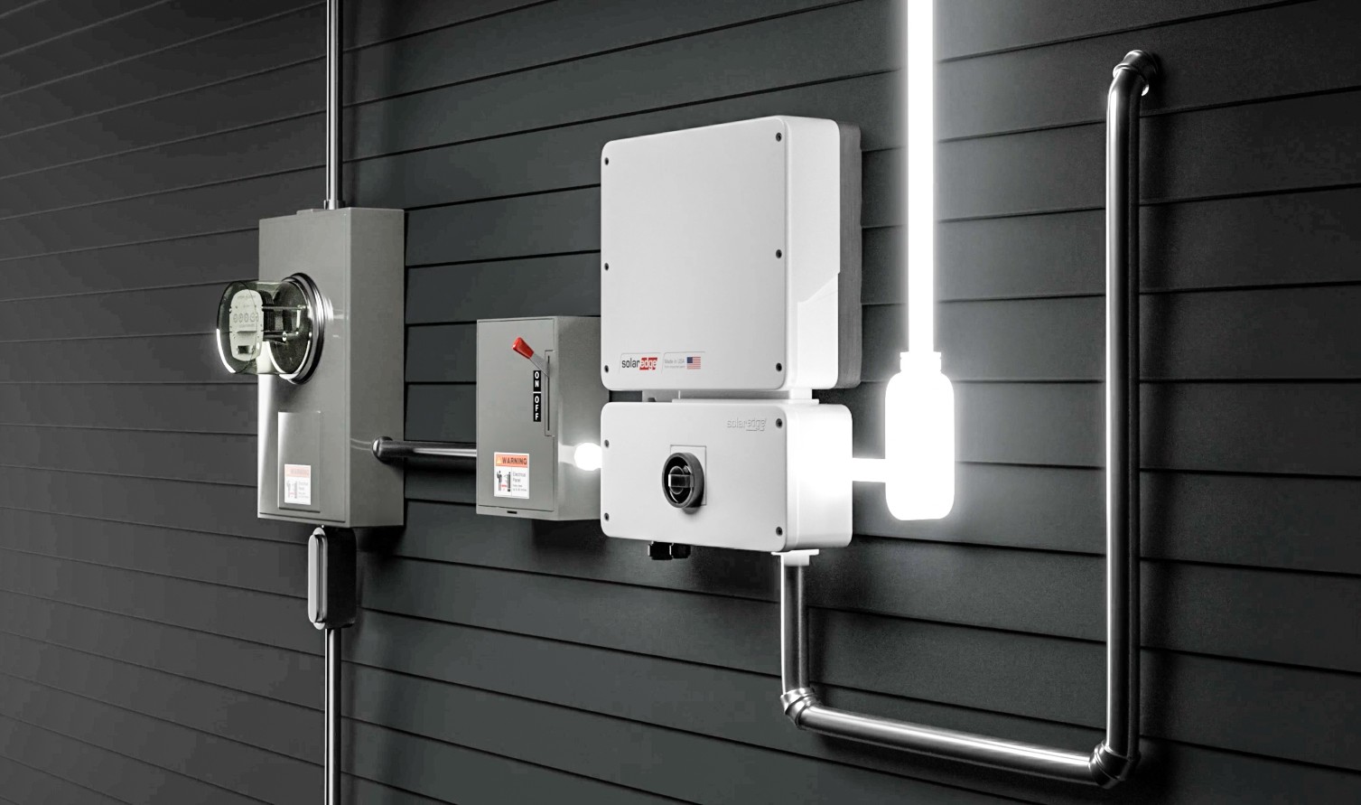 net meter optimizer and solar inverter on the wall with the energy going through