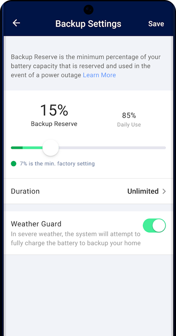 mySolarEdge Backup Reserve settings showing Weather Guard enabled