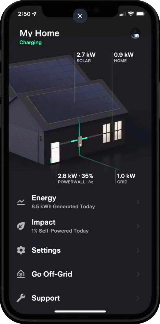 Tesla app home energy flow screen showing solar production, home usage, Powerwall, and grid activity